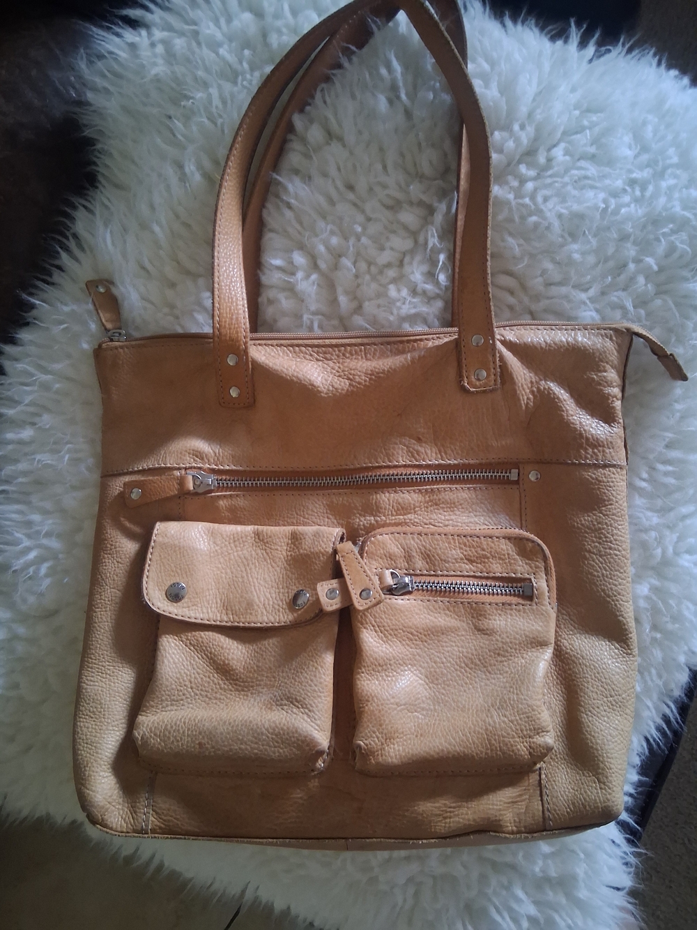 Fossil Tan Leather Shoulder Tote with Front Pockets